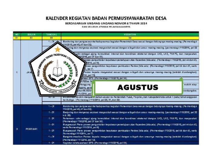 Kalender Kegiatan BPD Bulan Agustus