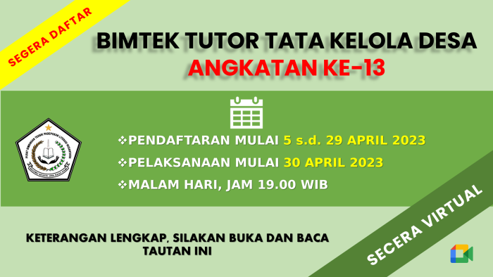 FORMULIR PENDAFTARAN BIMTEK TUTOR TATA KELOLA DESA ANGKATAN KE-13