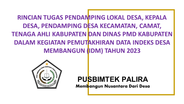 RINCIAN TUGAS PENDAMPING LOKAL DESA, KEPALA DESA, PENDAMPING DESA KECAMATAN, CAMAT, TENAGA AHLI KABUPATEN DAN DINAS PMD KABUPATEN DALAM KEGIATAN PEMUTAKHIRAN DATA INDEKS DESA MEMBANGUN (IDM) TAHUN 2023